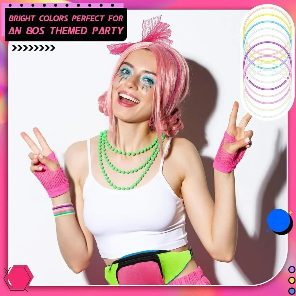Neon Retro Fanny Pack Socks Hairband Fishnet Gloves 80s Costume Accessory